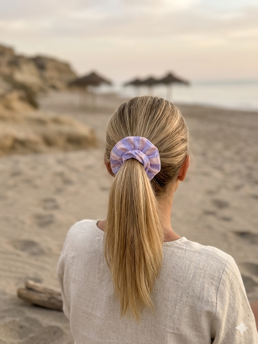 Coletero (Scrunchie) Artesanal de Tela - Rayas Lila y Rosa