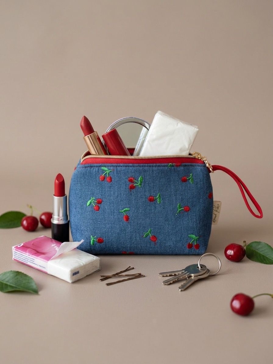 Mini Neceser de Bolso Denim "Cherry" / Organizador de Esenciales