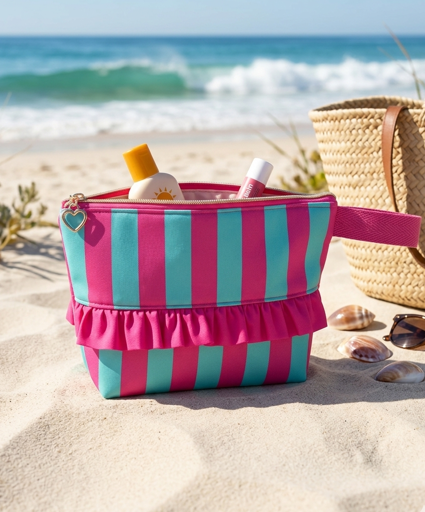 Neceser Impermeable de Playa Hecho a Mano con Volante-Rayas Fucsia y Turquesa