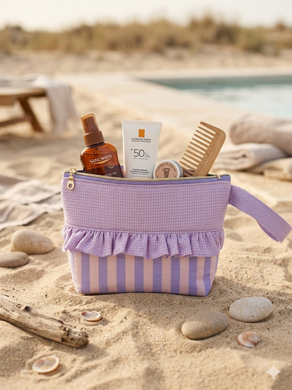 Neceser de Playa Artesanal con Volantes - Rayas Lila y Rosa