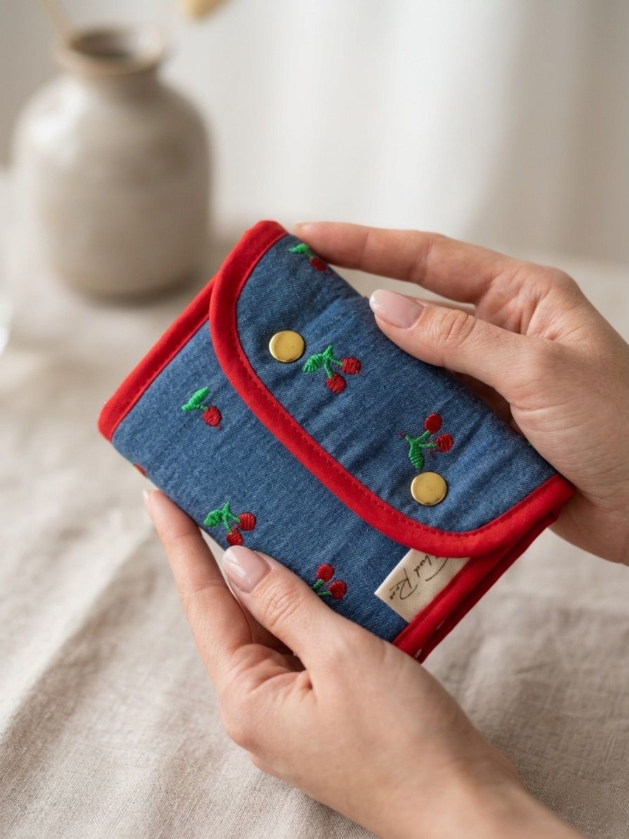 Organizador de joyas denim con bordado de cerezas 