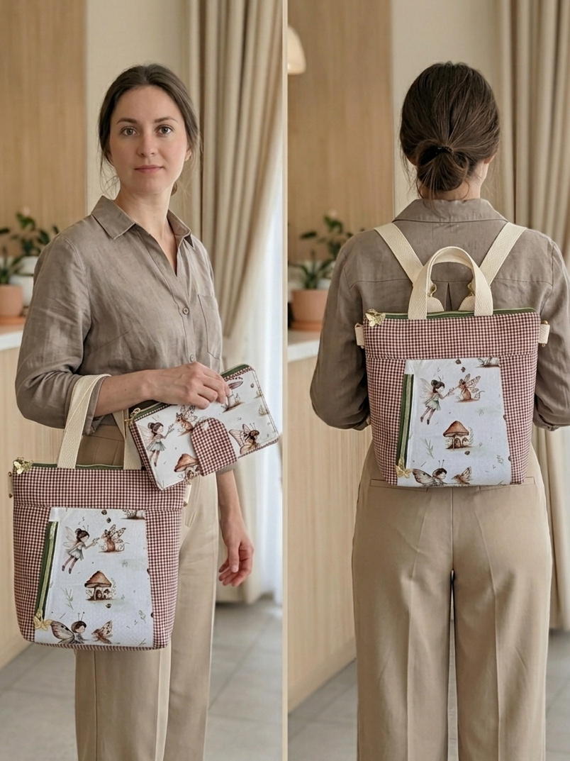 Bolso-Mochila Artesanal de Tela – Diseño de Hadas y Setas