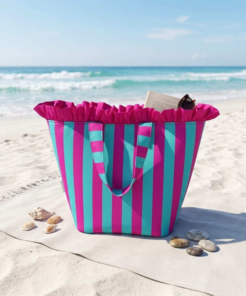 Bolso Impermeable de Playa Hecho a Mano con Volante-Rayas Fucsia y Turquesa