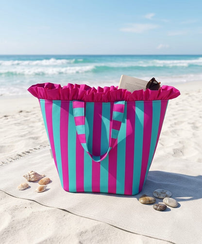Bolso Impermeable de Playa Hecho a Mano con Volante-Rayas Fucsia y Turquesa