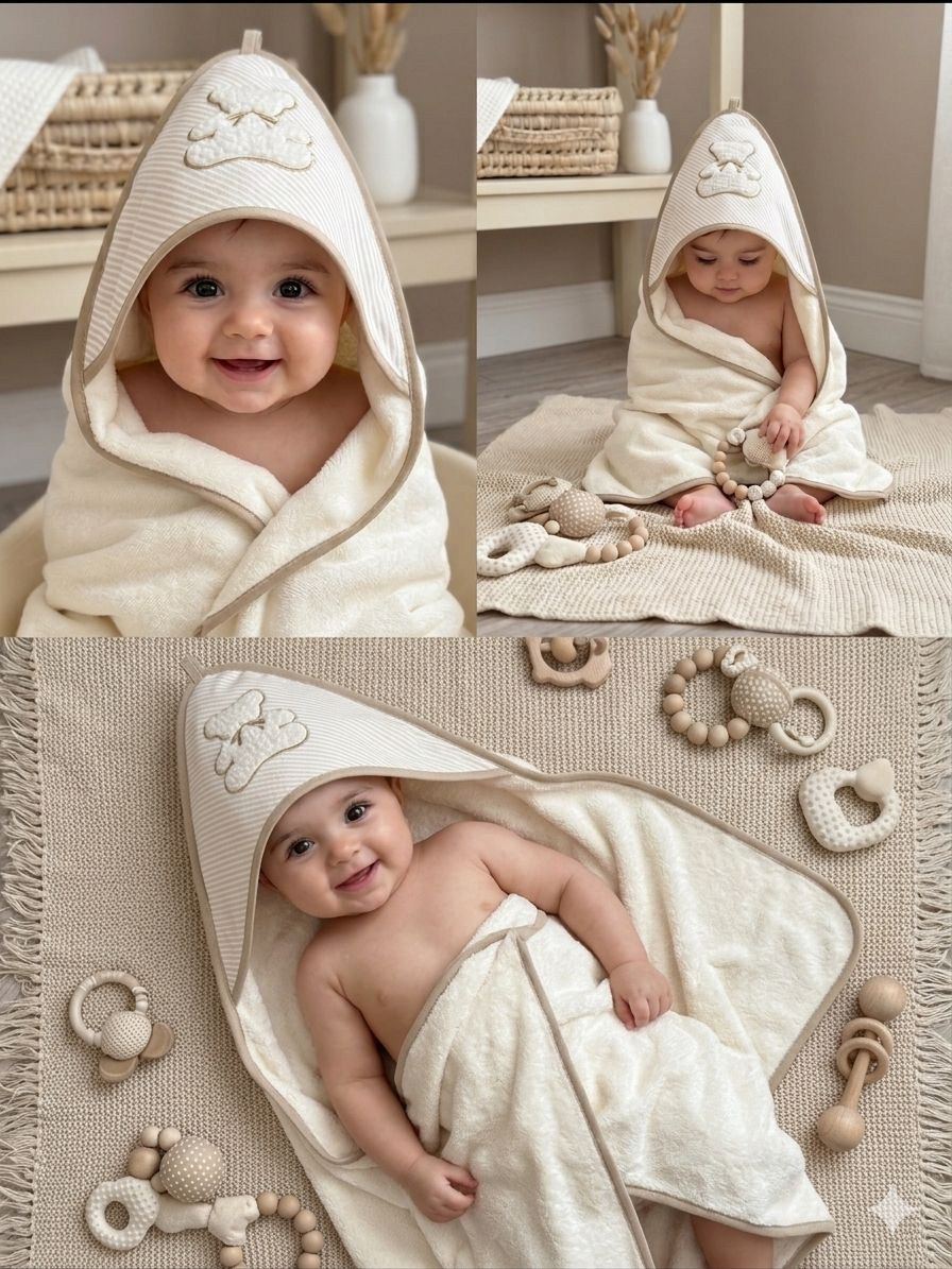Capa de baño con capucha para bebé envuelto en ella .
