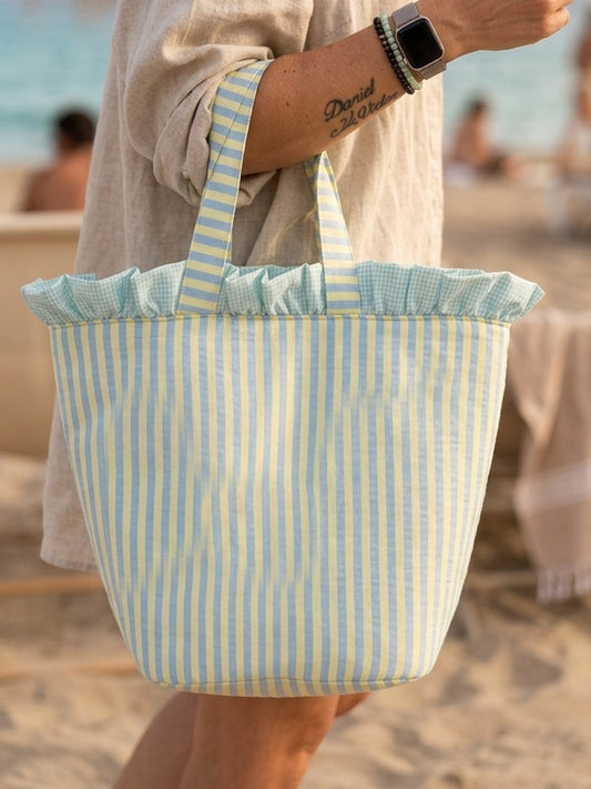 Bolso de Playa Artesanal con Volantes - Rayas Azul Claro y Amarillo