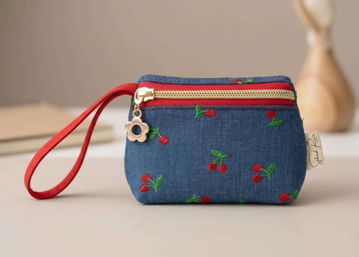Monedero Denim Cherry / Compacto y Artesanal
