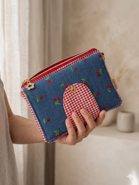 Monedero Florencia Denim "Cherry" / Detalles Vichy y Bordado Cherry
