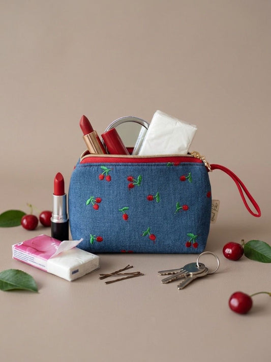 Mini Neceser de Bolso Denim "Cherry" / Organizador de Esenciales