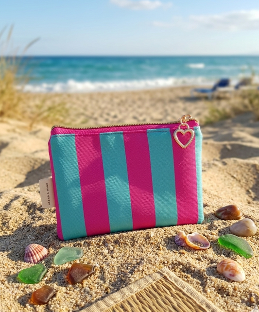 Monedero Impermeable Hecho a Mano-Rayas Fucsia y Turquesa