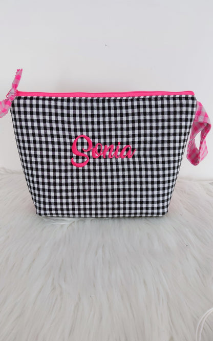 Neceser Vichy Personalizado con Nombre – Bolsa de Aseo Acolchada Vichy Negro y Rosa