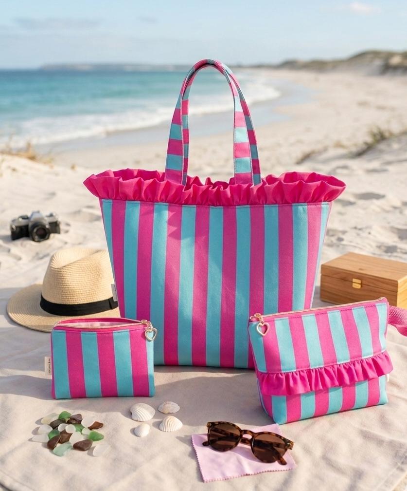 Pack Verano Completo: Bolso Tote, Neceser, Monedero y Coletero de Regalo - Fucsia y Turquesa