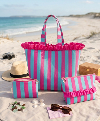 Pack Verano Completo: Bolso Tote, Neceser, Monedero y Coletero de Regalo - Fucsia y Turquesa