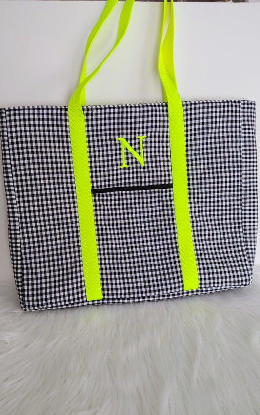 Bolso Tote de Tela Vichy con Asas Flúor Personalizado | Hecho a Mano