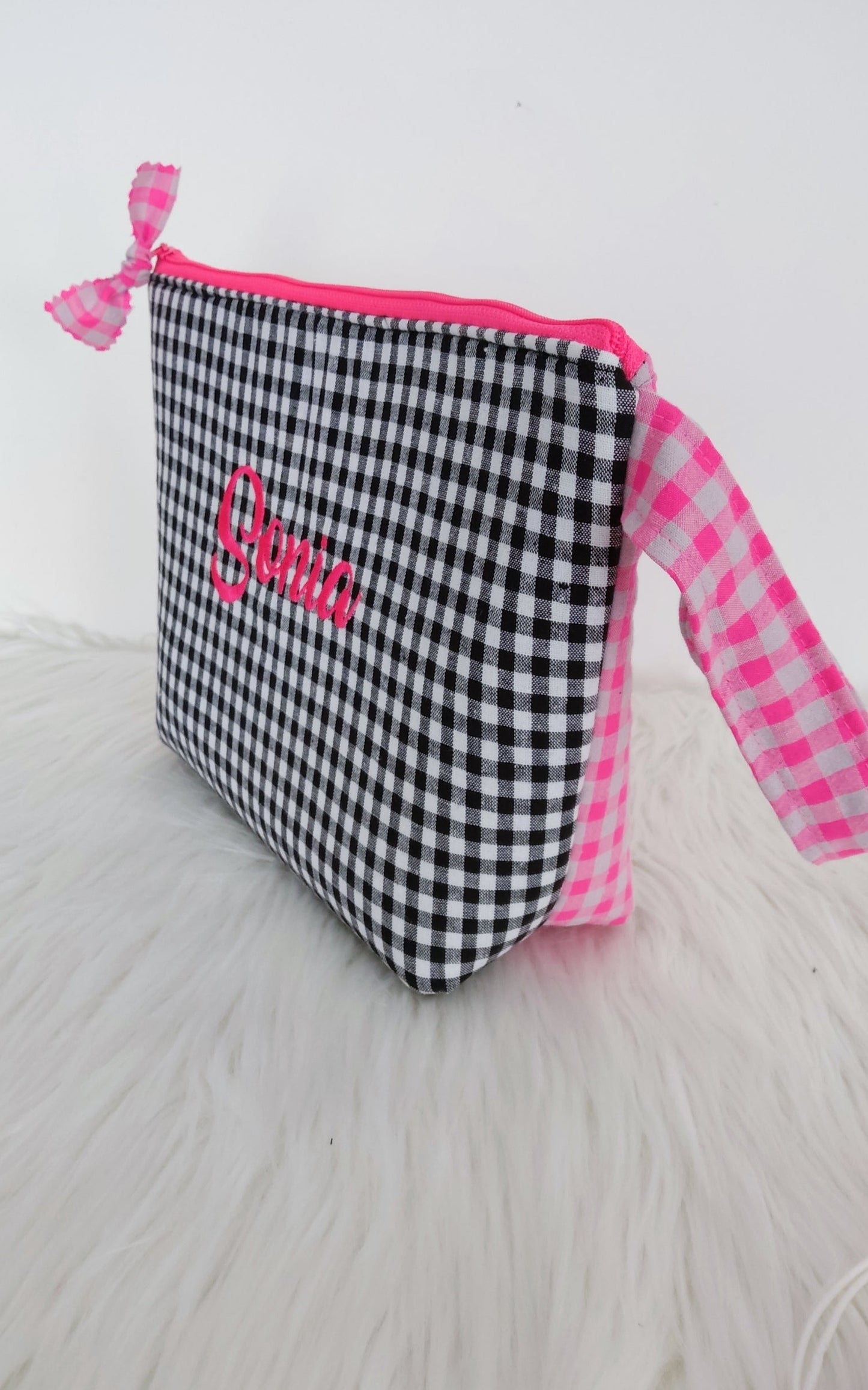 Neceser Vichy Personalizado con Nombre – Bolsa de Aseo Acolchada Vichy Negro y Rosa